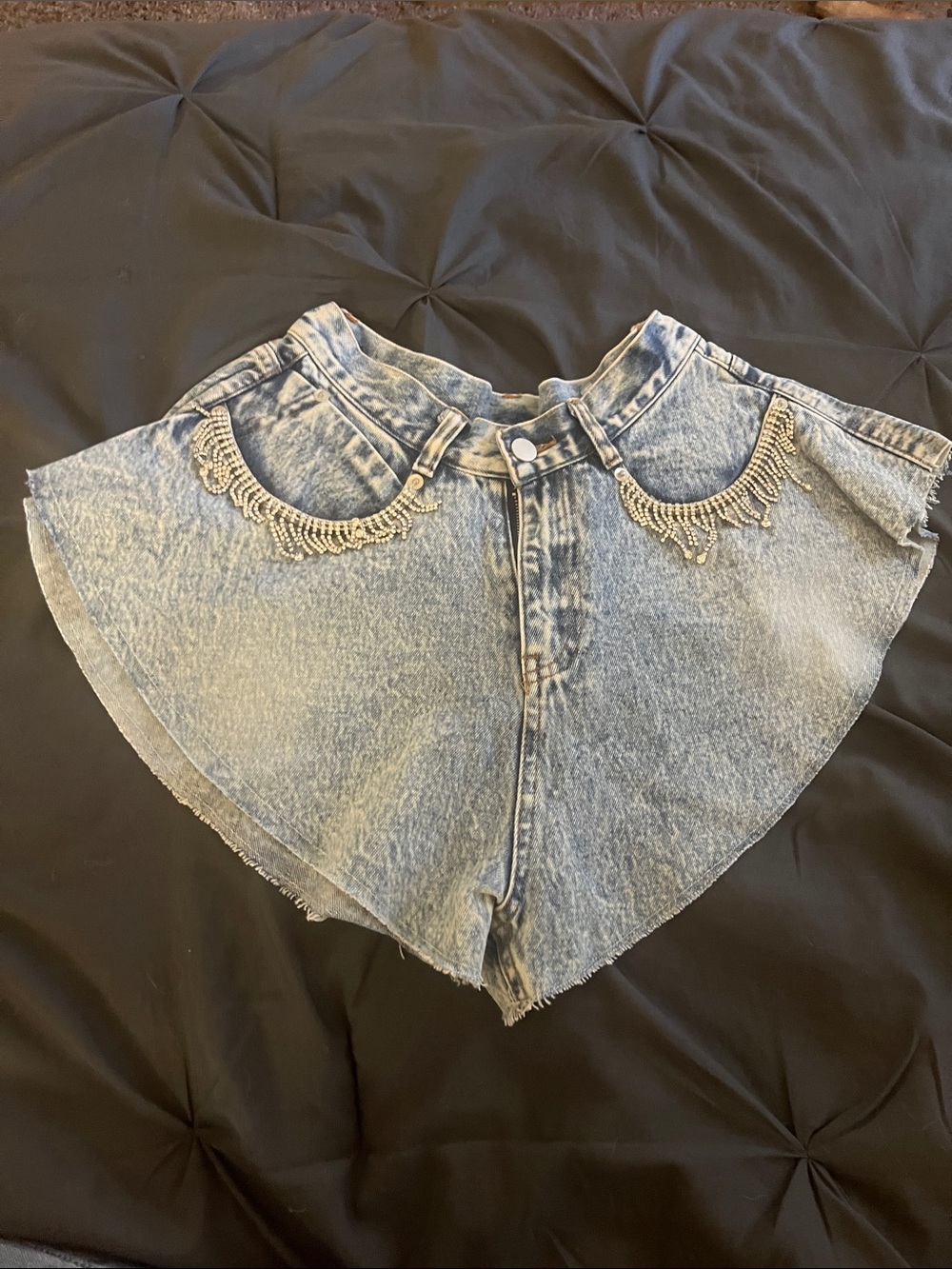 Light Blue Denim High-Rise Embellished Jean Shorts